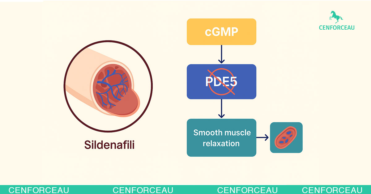 Medical diagram showing Sildenafil’s mechanism of action in treating erectile dysfunction, including PDE5 inhibition and blood vessel dilation