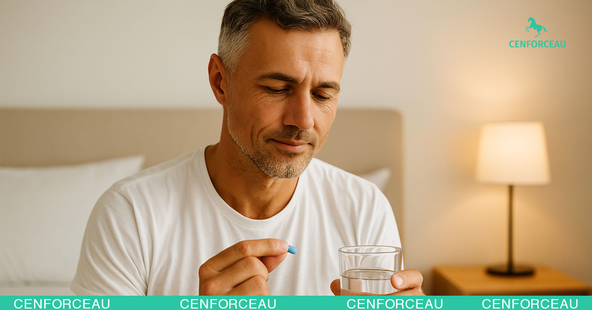 Man holding a blister pack of tablets, representing satisfaction and restored intimacy after using generic Viagra