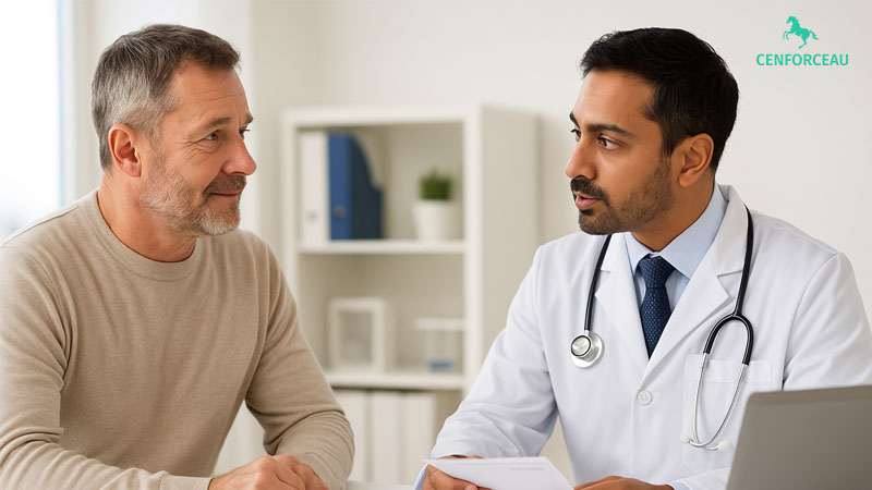 Australian man consulting doctor about Cenforce 200mg dosage and safety