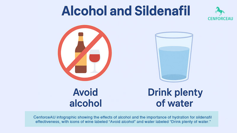 CenforceAU infographic showing the effects of alcohol and the importance of hydration for sildenafil effectiveness, with icons of wine labeled “Avoid alcohol” and water labeled “Drink plenty of water