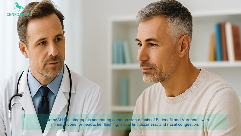 Australian doctor consulting a middle-aged male patient in a bright, modern clinic with natural light, discussing safe ED medication use.