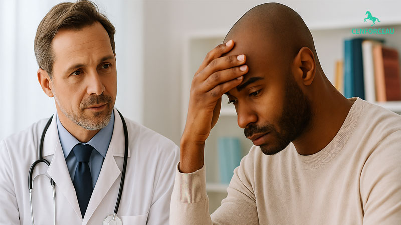 A doctor consulting an Australian man in a calm medical setting, discussing safe sildenafil use without visible branding or text.