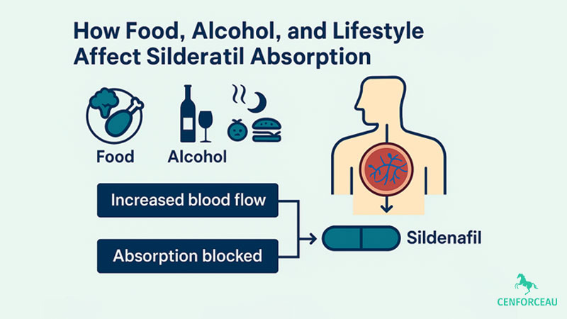 CenforceAU infographic illustrating how food, alcohol, and lifestyle influence sildenafil absorption and blood flow in the body