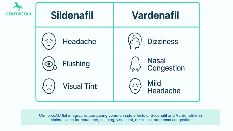 CenforceAU flat infographic comparing common side effects of Sildenafil and Vardenafil
