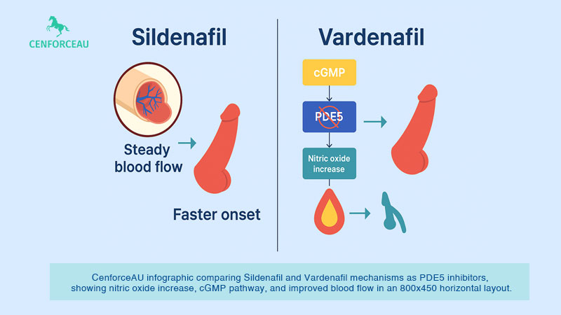 CenforceAU infographic comparing Sildenafil and Vardenafil mechanisms as PDE5 inhibitors, showing nitric oxide increase, cGMP pathway, and improved blood flow in an 800x450 horizontal layout.