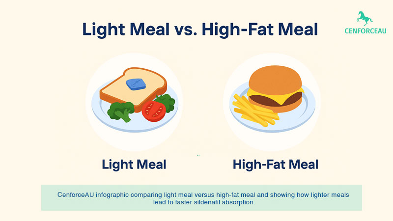 CenforceAU infographic comparing light meal versus high-fat meal and showing how lighter meals lead to faster sildenafil absorption.