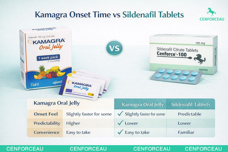 Comparison image of kamagra oral jelly versus sildenafil tablets focusing on onset time