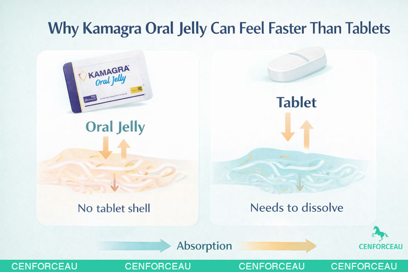 Comparison infographic showing why oral jelly may feel faster than sildenafil tablets