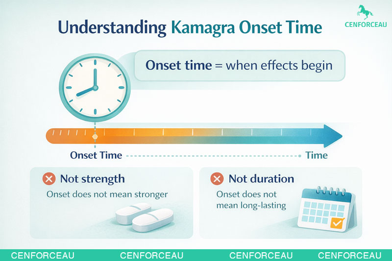 Infographic explaining what kamagra onset time means and how it differs from duration