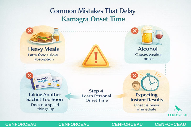 Step-by-step infographic showing how to learn your personal kamagra onset time