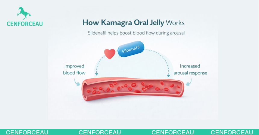 Dosage guidance infographic for Kamagra Oral Jelly including one sachet per dose and daily limit