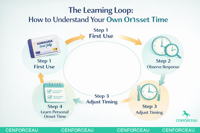 Step-by-step infographic showing how to learn your personal kamagra onset time