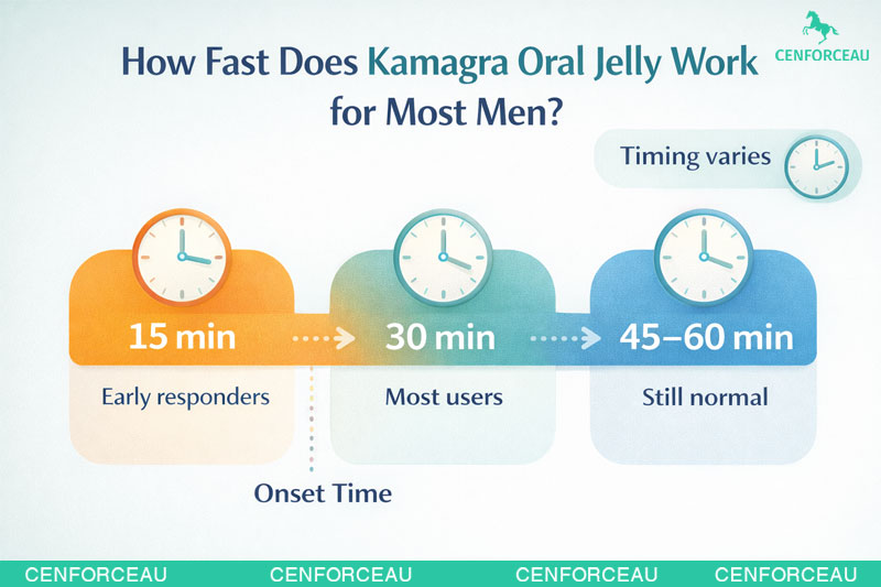 Timeline infographic showing typical kamagra onset time ranges from 15 to 60 minutes